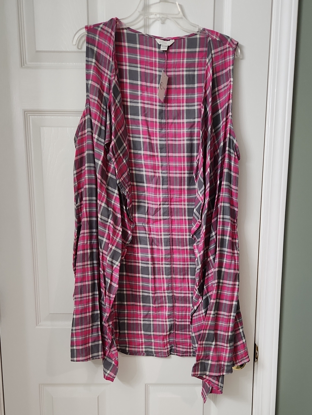 Cato Pink and Gray Plaid Sleeveless Duster Vest